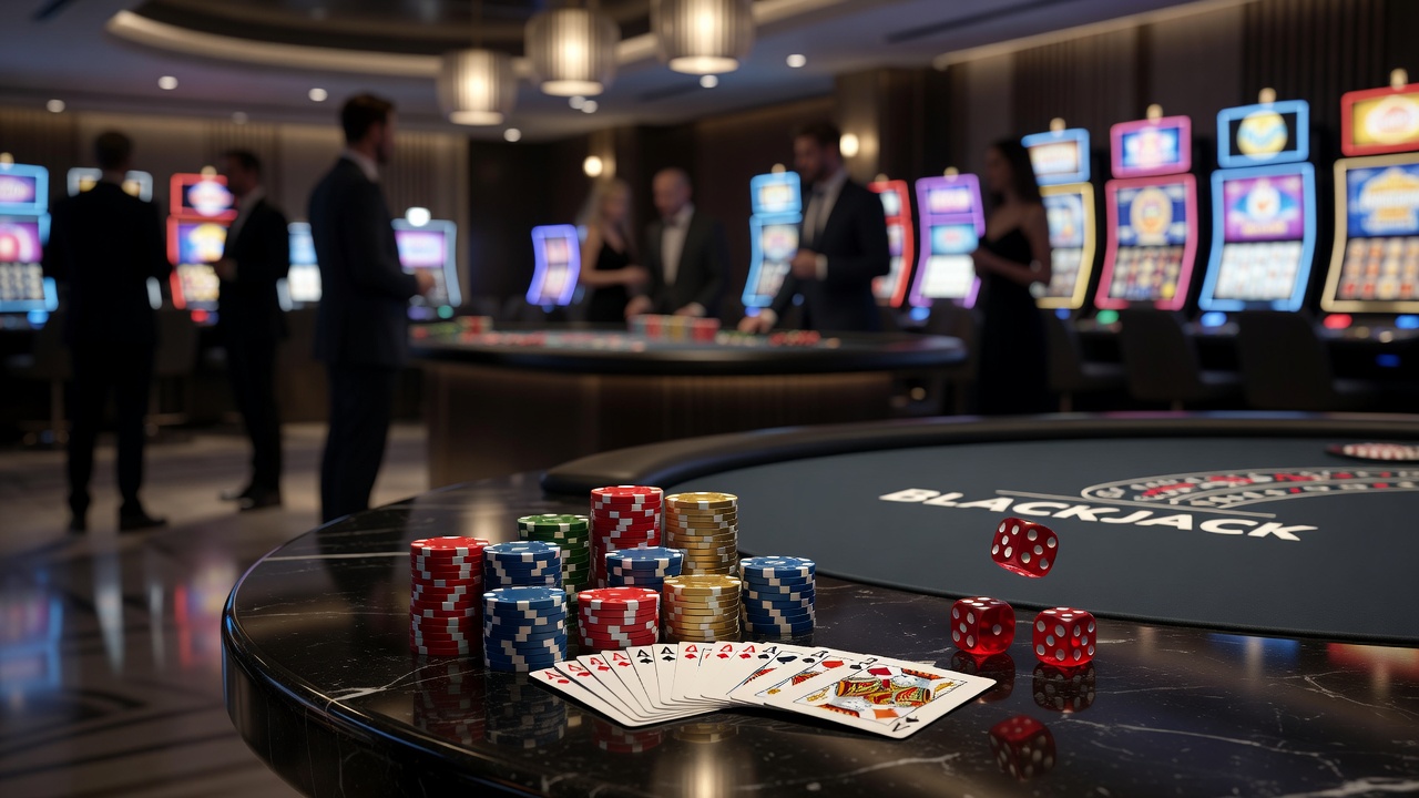 Überblick über klassische und moderne Casino-Spieletische mit Roulette, Blackjack und Slots