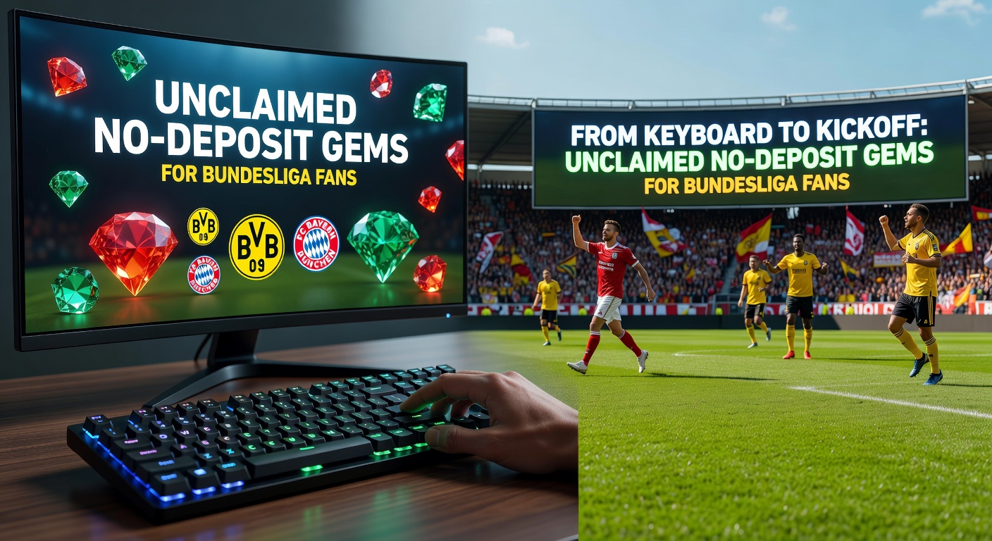 Bundesliga-Fans am Laptop: Ein Screenshot zeigt ein Wettangebot mit No-Deposit-Bonus für den nächsten Bundesliga-Spieltag, während im Hintergrund ein Stadion jubelt