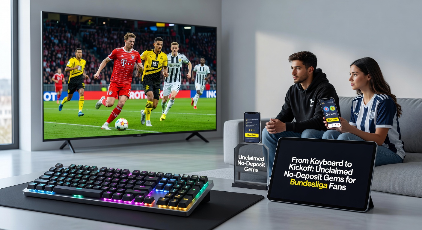 Nahaufnahme eines Smartphones: Ein No-Deposit-Bonus-Pop-up für das Bundesliga-Spiel Dortmund vs. Schalke erscheint, mit Grafiken von Spielern und dem Stadion im Hintergrund