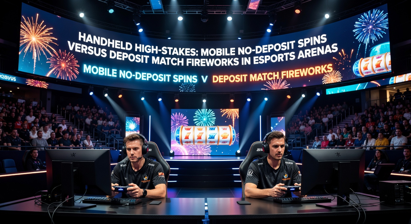 Vergleichsgrafik: No-Deposit-Spins auf Handy neben Einzahlungs-Bonus-Explosion in einer Esports-Arena