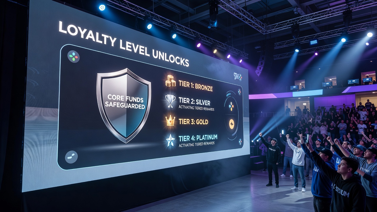 Mobile Wett-App zeigt Treuelevel-Progression in Esports-Arena mit geschütztem Guthaben-Indikator